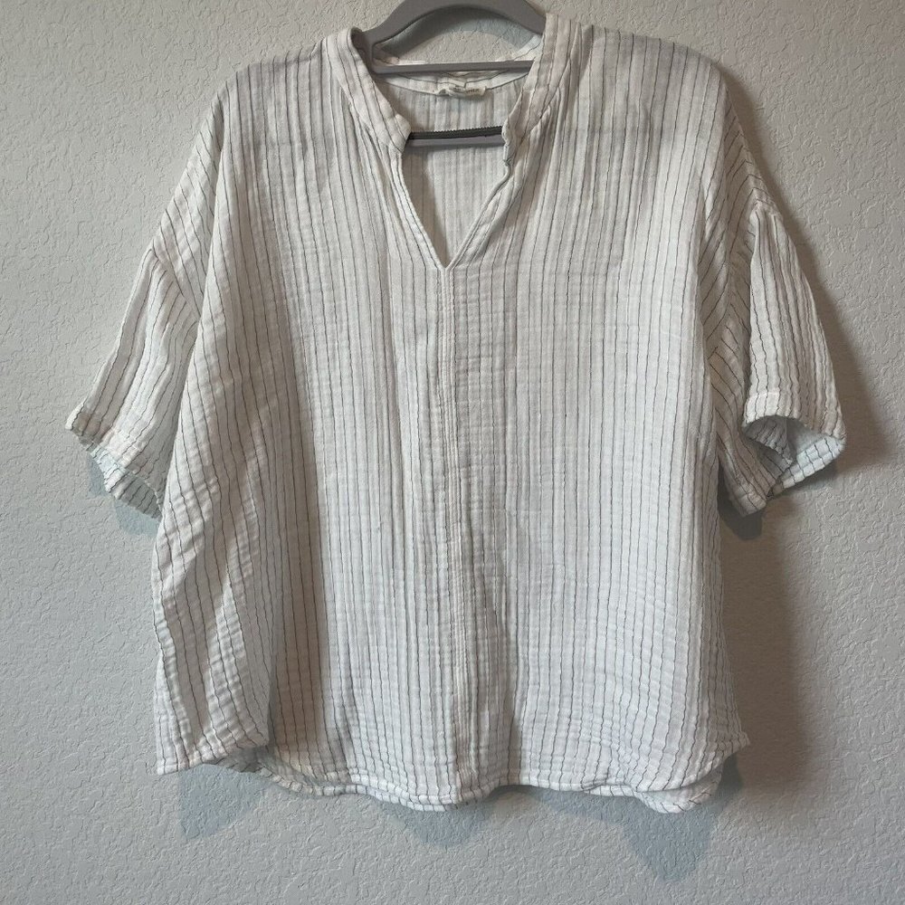 Eileen Fisher Top Organic Cotton LoftyGauze White and Black Stripe Medium Blouse